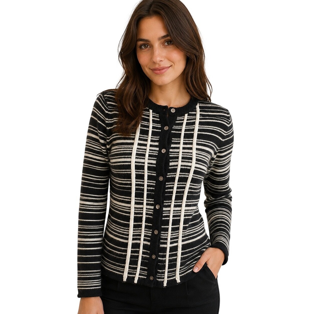 Deane & White Cardigan Womens Medium Black White Striped Button Front Sweater EX